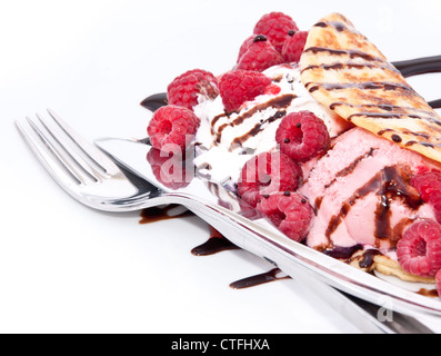 Glace à la framboise fraîche dans une casserole gâteau décoré avec les framboises et le sirop de chocolat Banque D'Images