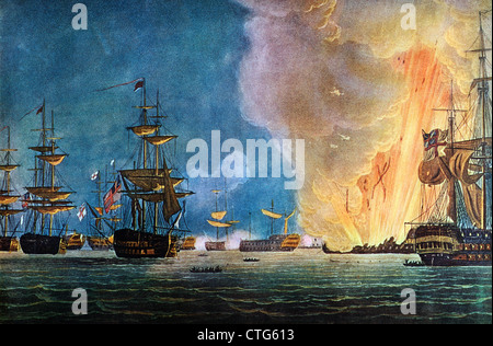 Peinture DE LA BATAILLE DU NIL 1 AOÛT 1798 L'amiral Horatio Nelson défait la flotte française de la baie d'Aboukir Banque D'Images