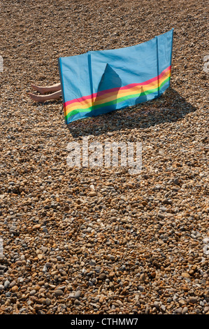 Soleil obscurci bather allongé sur une plage de galets et à l'abri derrière un brise-vent coloré Banque D'Images