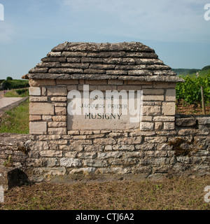 Domaine Jacques Prieur Musigny Grand Cru vineyard wall stone signe au-dessus de Chateu Clos de Vougeot en Bourgogne, France Banque D'Images