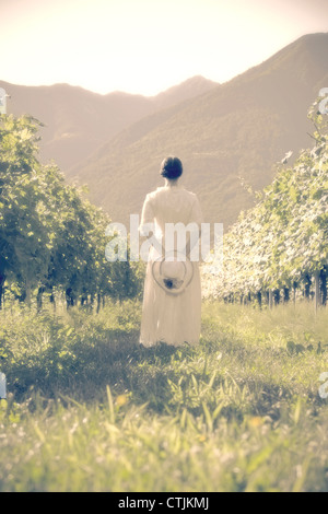 Une femme en blanc, robe victorienne est la marche à travers le vignoble Banque D'Images