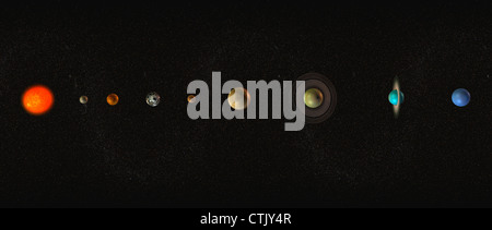 Système solaire avec le soleil au centre et les planètes Mercure, Vénus, la Terre, Mars, Jupiter, Saturne, Uranus, Neptune (symbolique) Banque D'Images