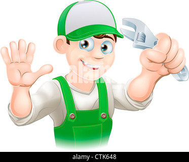 Graphique de smiling plumber ou mécanicien en salopette holding spanner et forme Banque D'Images