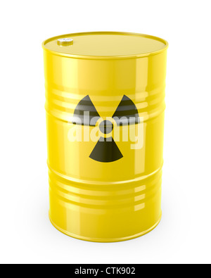 Baril avec symbole radioactif, isolé sur fond blanc Banque D'Images