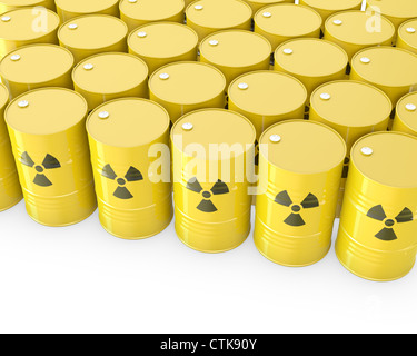 Barils avec symbole radioactif, isolé sur fond blanc Banque D'Images