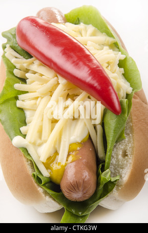 Hotdog avec laitue et fromage irlandais mature râpé Banque D'Images