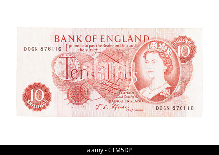 Un dix shilling pré 10s note de banque décimal anglais monnaie sur un fond blanc Banque D'Images