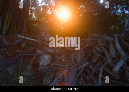 La fin de l'été, la lumière du soleil filtre à travers un tas de vieux bois dans un Suffolk basse-cour. Banque D'Images