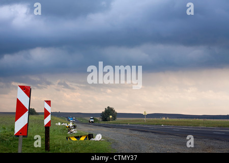 L'autoroute nationale de Johannesburg à Durban avec la signalisation routière et le camion qui approche, Orange Free State, Afrique du Sud Banque D'Images