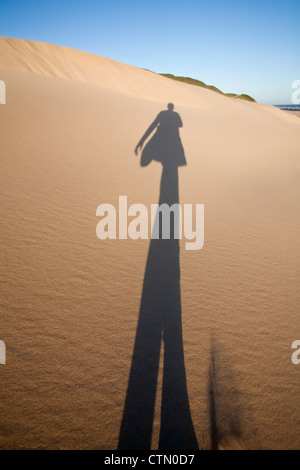 Ombre d'une personne qui marche dans les dunes de sable, Maitlands Beach, Port Elizabeth, Eastern Cape, Afrique du Sud Banque D'Images