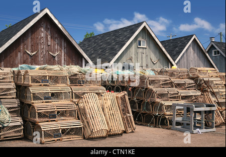 Bait apporte sur un quai à North Rustico, Prince Edward Island, Canada. Les casiers à homards et les bouées sont empilées à l'avant. Banque D'Images