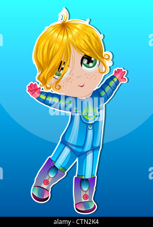 Bébé, dans un costume d'astronaute bleu, danse, cheveux blonds, yeux verts, vector illustration Banque D'Images