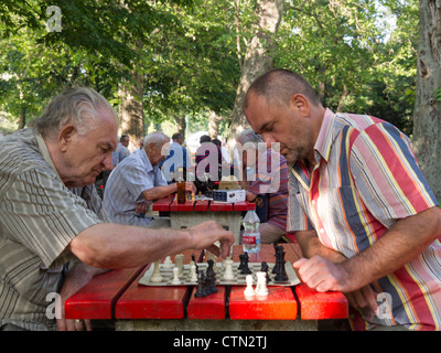 De vieux hommes jouant aux échecs dans le parc de la ville de Budapest, Hongrie, Europe de l'Est Banque D'Images