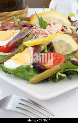 Produits frais et salade niçoise traditionnelle ou de salade niçoise Thon, anchois, oeufs, haricots verts, tomates, laitue, d'olives et de tomat Banque D'Images