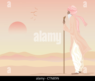 Une illustration d'un agriculteur indien vêtu de vêtements traditionnels et turban sur un paysage aride tenant un bâton au coucher du soleil Banque D'Images