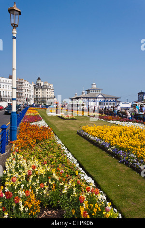 Affichage floral sur la promenade de bord de mer d'Eastbourne, une destination de vacances. France, FR, UK. Banque D'Images