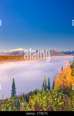 Vue panoramique matin brouillard dans la vallée de la rivière Chulitna Mt McKinley en arrière-plan Denali State Park Winter Automne Banque D'Images