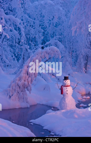 Le Snowman wearing scarf black top hat standing next petit ruisseau dans la forêt couverte de givre Russian Jack Springs Park Banque D'Images