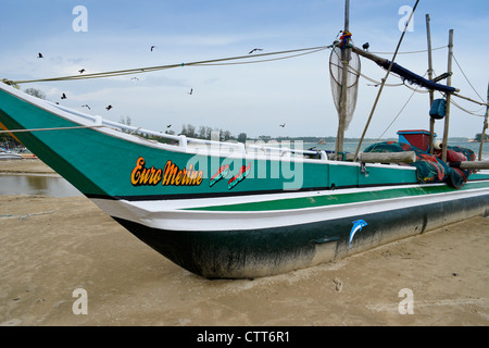 Outrigger bateau de pêche (ORU) canoë de mer ou sur la plage, Weligama, au Sri Lanka Banque D'Images