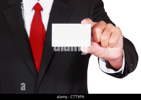 Businessman showing blank business card sur fond blanc Banque D'Images