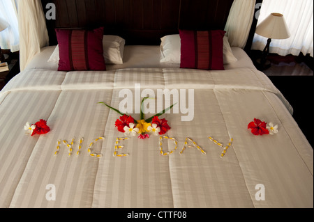 À l'hôtel hôtel d'Adi Asssri au nord de Bali, Indonésie le lit est décoré avec des fleurs tropicales énonçant 'Happy Day'. Banque D'Images