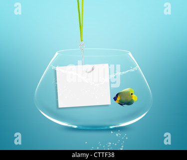 Dans Anglefish fish bowl avec hameçon et note papier. Banque D'Images