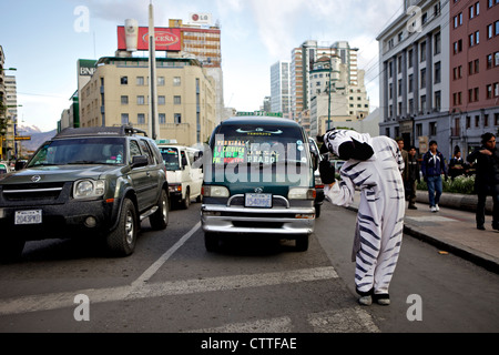 Trafic bolivien zèbres vous aidant à traverser la route en toute sécurité, La Paz, Bolivie, Amérique du Sud Banque D'Images