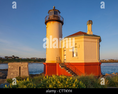 Bandon, Oregon : soleil du matin sur le phare de coquille River et la floraison lupin soufre Banque D'Images