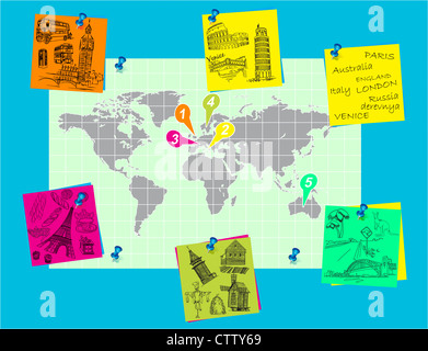 Épinglée sur la carte du monde de voyager Banque D'Images