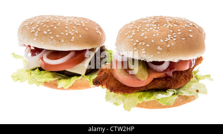 Cheeseburger et Chickenburger isolé sur fond blanc Banque D'Images