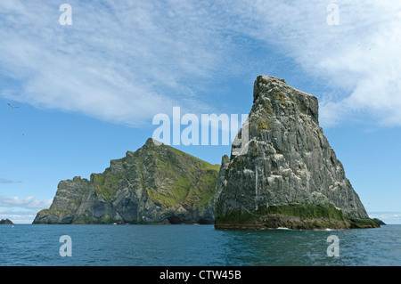 Stac Lee et l'île de Boreray dans l'archipel de Saint KIlda, avec colonie de fous de bassan (Morus bassanus). Banque D'Images