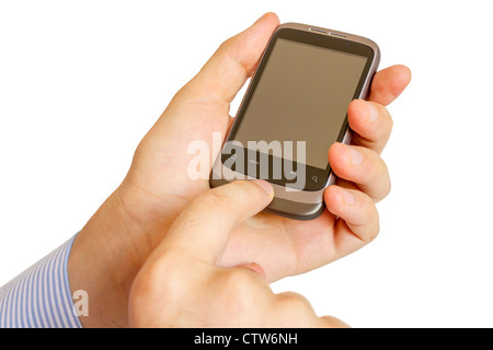 Main tenant téléphone intelligent avec écran blanc isolated on white Banque D'Images
