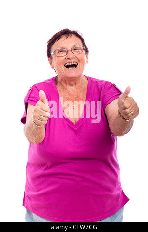 Happy laughing woman gesturing Thumbs up, isolé sur fond blanc. Banque D'Images