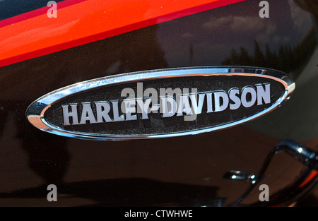 Close up de la marque du fabricant sur une moto Harley Davidson Banque D'Images