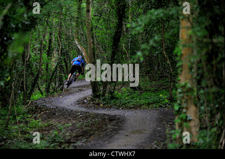 Un vélo de montagne monte un sentier au Ashton Court à Bristol. Banque D'Images