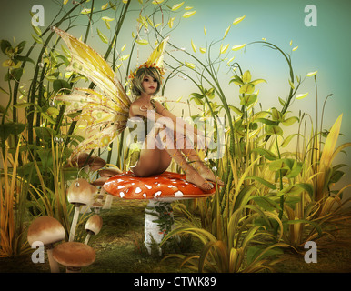 Une petite fée est assise sur un agaric fly Banque D'Images