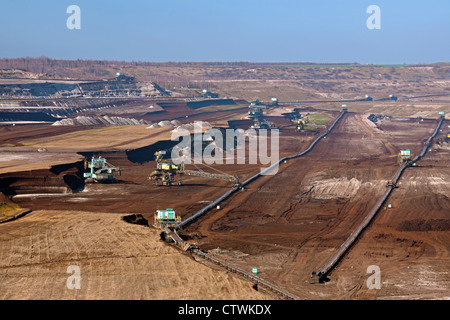 Le charbon brun / de l'extraction de lignite par d'énormes seaux, pelles sur pneus à mine à ciel ouvert, Saxe-Anhalt, Allemagne Banque D'Images