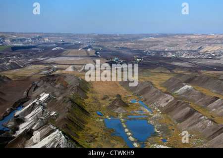 Terrils et Brown de l'extraction de lignite charbon / par d'énormes seaux, pelles sur pneus à mine à ciel ouvert, Saxe-Anhalt, Allemagne Banque D'Images