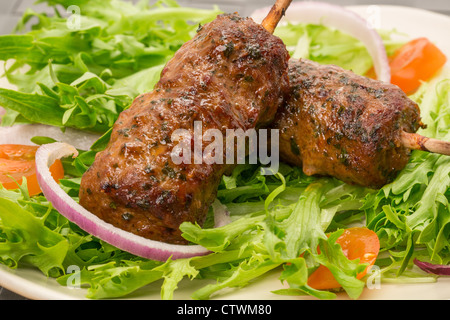 Brochettes de boeuf brochettes kofta ou avec l'assaisonnement pour chili doux et persil Servi sur lit de salade - studio shot Banque D'Images