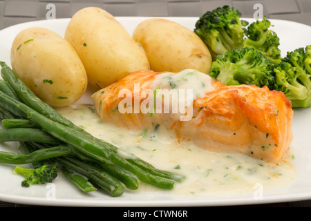 Filet de saumon avec pommes de terre, le brocoli, les haricots verts et une sauce crémeuse de cresson - studio shot Banque D'Images