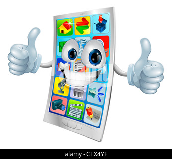 Très heureux mobile phone mascot donnant deux Thumbs up Banque D'Images