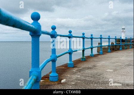Main courante de bleu et de clôture à la limite de la paroi sud du port de Mevagissey Cornwall UK sur un jour nuageux gris Banque D'Images