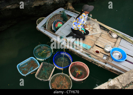 Hawker dans un bateau, Halong Bay, Vietnam Banque D'Images