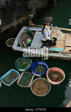 Hawker dans un bateau, Halong Bay, Vietnam Banque D'Images