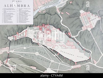 Granada, Espagne. Plan de l'Alhambra et districts environnants autour du tournant du 20e siècle Banque D'Images