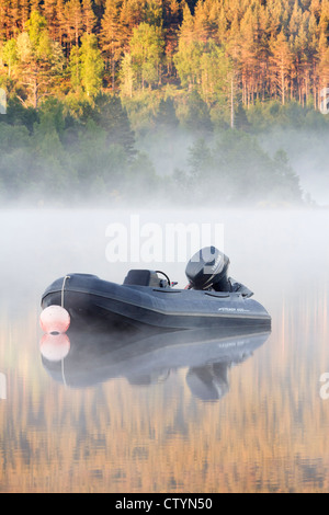 Un seul canot flotte immobile dans la brume à l'aube sur le Loch Morlich, Glenmore, les Cairngorms, l'Écosse. Banque D'Images