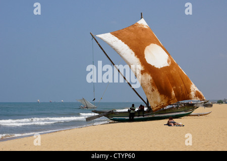 Outrigger bateau de pêche (ORU) sur plage, Negombo, Sri Lanka Banque D'Images