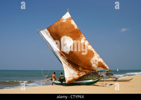 Outrigger bateau de pêche (ORU) sur plage, Negombo, Sri Lanka Banque D'Images