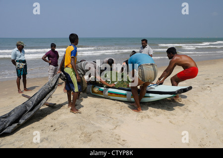 Les pêcheurs dans l'échouage bateau avec captures, Negombo, Sri Lanka Banque D'Images