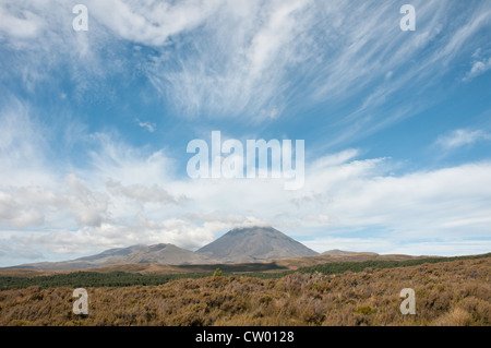 Le Parc National de Tongariro en Nouvelle-Zélande. Les sommets du Mont Ngauruhoe et le Mont Tongariro volcans actifs sur l'Île du Nord Banque D'Images